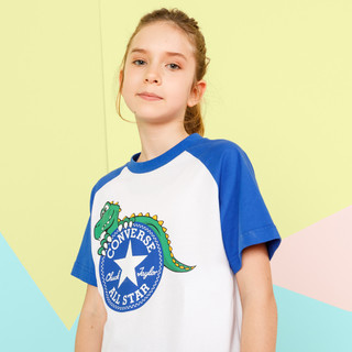 棉质透气 男女小中童款恐龙LOGO印图短袖T恤套装 两件套 120/6 白配蓝色-小童