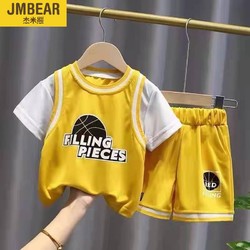 JMBEAR 杰米熊 男童运动套装夏季新款儿童速干篮球服女童休闲短袖两件套潮