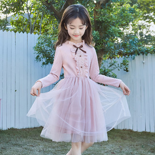 针织拼接网纱公主裙秋季新款甜美时尚女童连衣裙 160 粉色