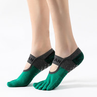 山品良造 瑜伽袜子专业女五指袜毛圈加厚防滑织带瑜伽袜微压透气秋冬健身袜运动袜 灰色/绿色 35-38