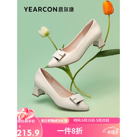 YEARCON 意尔康 女鞋粗跟浅口鞋尖头时尚通勤节日送礼单鞋女26535W 米白 37