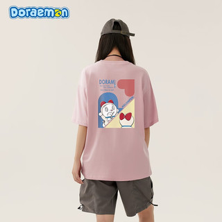 哆啦A梦（DORAEMON）夏季纯棉短袖T恤男机器猫哆啦美趣味图案百搭上衣男女同款情侣款 粉 S