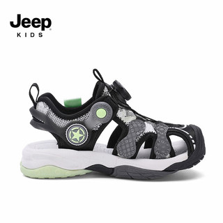 Jeep吉普男童运动凉鞋软底夏款2023新款透气耐磨男孩旋钮扣儿童沙滩鞋 夜光黑 32码 鞋内长约20.4cm