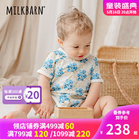 Milkbarn2023春夏新款新生儿衣服 0-18月婴儿开襟短袖包屁衣宝宝哈衣爬服 冰蓝雪绒花 73cm(6-12m)