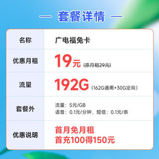 中国电信 BROADCASTING 广电 福兔卡 19元月租（162G通用流量+30G定向流量+0.1元