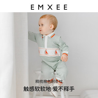 嫚熙（EMXEE）新生婴儿连体衣秋冬季睡衣polo领宝宝哈衣爬服 灰绿白条纹 90cm