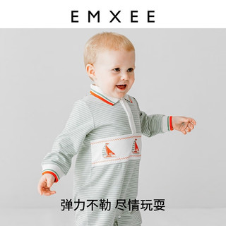 嫚熙（EMXEE）新生婴儿连体衣秋冬季睡衣polo领宝宝哈衣爬服 灰绿白条纹 90cm