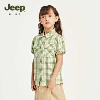 Jeep吉普童装儿童衬衫女童泡泡袖格纹衬衣2023夏季新款短袖纯棉上衣 蕨绿 120cm