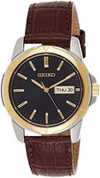 SEIKO 精工 男式 SNE102 不锈钢太阳能手表,棕色皮革表带