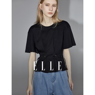 ELLE 她 23年夏季新品法式休闲风抽绳收腰圆领短袖设计女式T恤