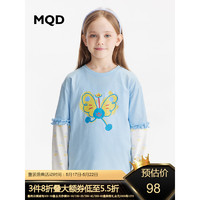 MQD童装女童2023春季新款假两件条纹T恤儿童宽松卡通长袖体恤 天空蓝 110
