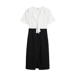 LILY 2021夏新款女装气质商务款经典黑白开叉高腰短袖连衣裙