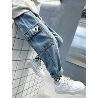 THINKPIRE儿童牛仔裤春秋款长裤2023韩版潮流男童休闲裤男孩工装裤 蓝色 140码建议身高130CM