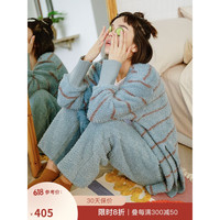 朵朵·可可 朵朵可可秋冬新款女软绵绵珊瑚绒睡衣套装日系条纹可爱家居服