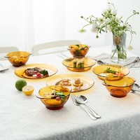 DURALEX 多莱斯 双人餐具8件套家用钢化玻璃餐具套装琥珀色盘碗杯