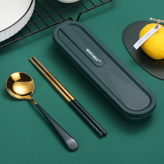 304不锈钢筷子勺子可爱便携餐具三件套装单人学生外带收纳餐具盒 祖母绿餐盒+金色绿柄筷勺