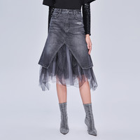 网纱拼接高腰不规则A字裙子牛仔裙女士半身裙 XL 黑灰