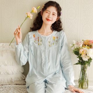 富朵（fuduo）富朵2023春夏新品暮色花园月子服纯棉纱布孕妇睡衣产后哺乳家居服 浅蓝FD0359 L码(建议产后125-145斤左右)