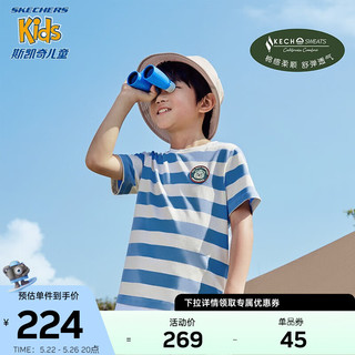 Skechers斯凯奇T恤儿童短袖男童针织衫2023新款柔软卡通夏季童装L223B012 横条墨西哥蓝白条纹/02T4 110cm