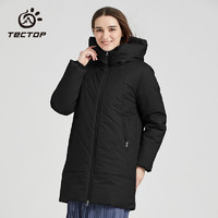探拓（TECTOP）加厚长款棉服 女连帽户外外套防风保暖棉衣夹克 女款经典黑 S
