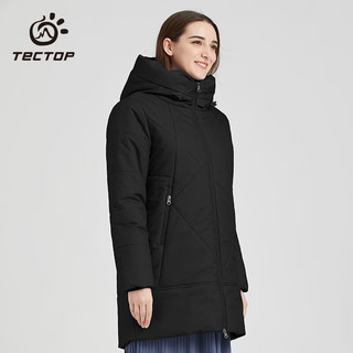 探拓（TECTOP）加厚长款棉服 女连帽户外外套防风保暖棉衣夹克 女款经典黑 S