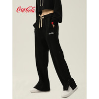 可口可乐(Coca-Cola) 麂皮绒Logo刺绣侧边排扣直筒宽松裤 男女同款 黑色 L