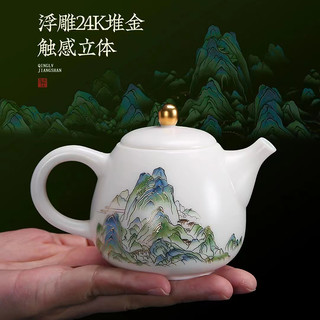 匠仙徐建勇羊脂玉茶壶青绿江山描金德化白瓷泡茶壶中式高档陶瓷壶