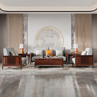 Huari 华日 家居 新中式实木布艺沙发 三人 现代中式客厅小户型简约家具