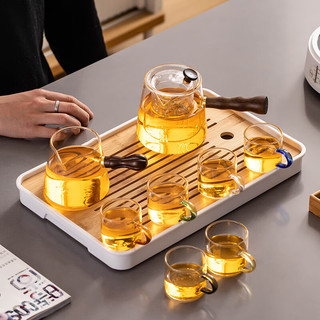 瓷牌茗茶具（cipaiming teaset）电陶炉煮茶器玻璃煮茶壶功夫茶具套装耐高温防烫侧把公道杯茶杯 透明《竹节》侧把壶六彩7件套