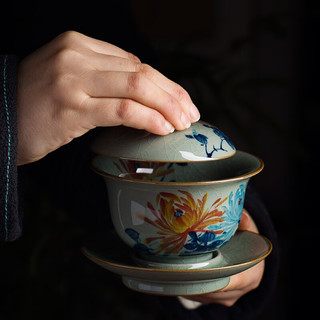 一品工坊青花釉下彩泡茶碗纯手绘丝菊盖碗景德镇全手工陶瓷柴窑三才盖碗 丝菊盖碗