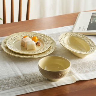 肆月 奶油风盘子陶瓷牛排盘西餐盘创意菜盘家用甜品盘 8英寸浅盘丨奶黄色