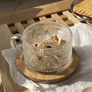 NSYCA复古浮雕燕麦早餐玻璃杯大容量麦片牛奶咖啡把杯网红早餐杯 太阳花1个+不锈钢勺