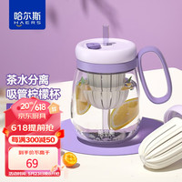 HAERS 哈尔斯 玻璃杯女士泡茶杯大肚吸管杯学生办公茶水杯子 紫色850ml