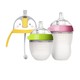 comotomo 奶瓶套装 2只装 150ml 绿色 0-3月+250ml 粉色 3-6月+企鹅吸管杯头 灰色