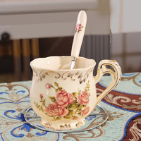 SDX法式茶杯杯碟下午茶餐具英式咖啡杯小精致高档优雅陶瓷套装茶具 米黄玫瑰1杯1勺