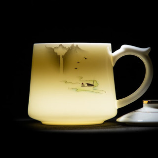 韵无涯茶杯套装 中国白·羊脂玉瓷马克杯办公杯家用白瓷茶水分离杯480ml 一品山河羊脂玉瓷三件杯
