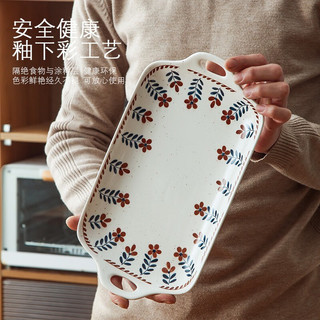 微光里复古日式小红花釉下彩瓷餐具家用盘碟菜盘子-11.8英寸双耳鱼盘 复古日式小红花盘