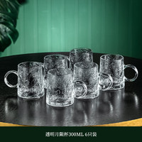格娜斯（CRISTALGLASS）玻璃水杯家用男士茶杯透明冰川纹马克杯子耐热加厚带把手咖啡杯 透明圆耳月陨杯 300ML 6只（耐热