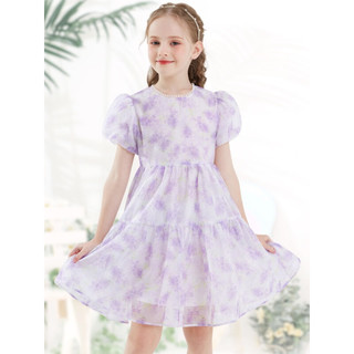 多妙屋女童连衣裙儿童夏季新款碎花裙小女孩短袖公主裙中大童薄宽松裙子 紫色 130cm