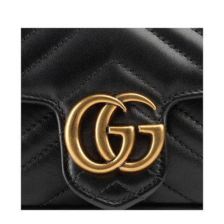 GUCCI 古驰 双G马蒙 金标logo做旧绗缝皮革链条黑色女士斜挎包