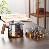 朗特乐（Le Bronte）玻璃茶壶家用木把冲泡茶壶加厚耐高温过滤煮茶壶单壶功夫茶具套装 750ml雅轩壶-松鹤款+4杯