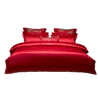 罗莱家纺结婚四件套床上用品大红色婚庆床单被套婚嫁喜被六件套 1.8m（6英尺）床，请配220×250cm 被芯 龙凤呈禧套餐六（红色）