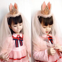 青苇 生日帽女孩儿童生日装饰公主网纱皇冠头箍带飘纱派对拍照道具发饰