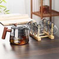 朗特乐（Le Bronte）玻璃茶壶家用木把冲泡茶壶加厚耐高温过滤煮茶壶单壶功夫茶具套装  750ml雅轩壶-松鹤款+6杯+架