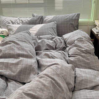 曼克顿（MANKEDUN）简约格子日式纯棉四件套全棉水洗棉超柔软裸睡床单被套床上用品 格里灰 三件套1.2m床适用-被套150*200cm