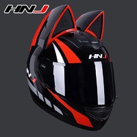 HNJ 摩托车头盔猫耳朵头盔四季全盔男女骑士机车安全帽黑红猫