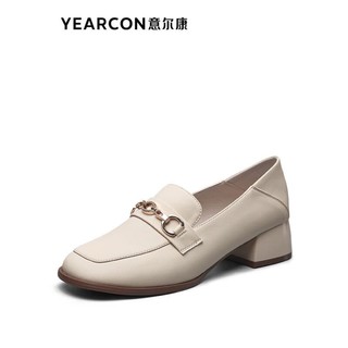 YEARCON 意尔康 女鞋粗跟乐福鞋套脚通勤送礼小皮鞋百搭单鞋49961W 米白 37