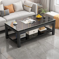 普派（Pupai）茶几客厅茶桌家用简约钢化玻璃茶几仿岩板双层小桌子 黑纹理色120cm
