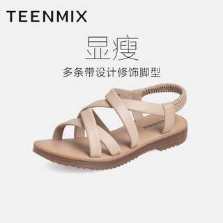 TEENMIX 天美意 罗马凉鞋牛筋舒适平底女休闲凉拖鞋 CYE07BL2