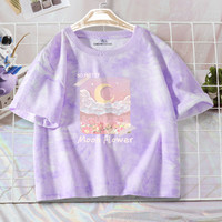 夏季新款纯棉扎染女式T恤甜酷辣妹风圆领短款印花短袖上衣 S 紫